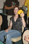 Jeri Ellsworth with the Hummer joy stick, discussing her latest work projects