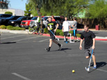 Warming up with a game of ball hockey