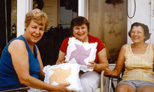 June Noever, Vivian Hall and Hazel Estel with pillows Hazel made from fabric saved by their mother